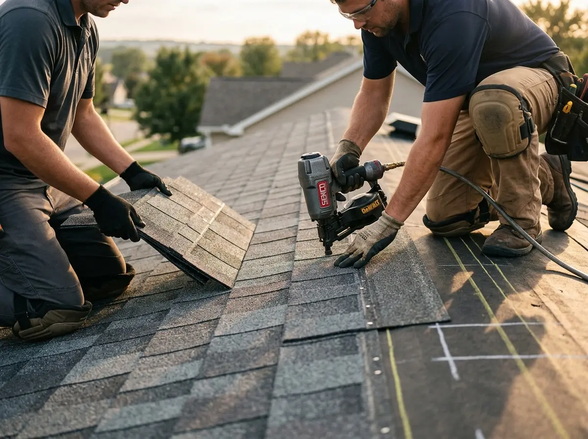Professional roofer working on a residential roof in East Liverpool